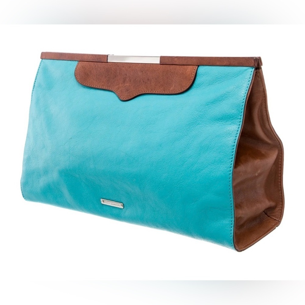 Rebecca Minkoff Vibrant Turquoise and Brown Pebbled Leather Clutch.